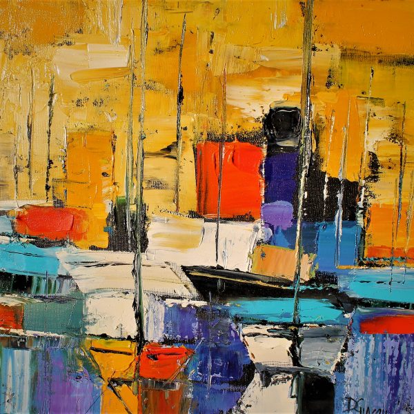 Petit port au ciel jaune ( hst 30x30cm) vendu